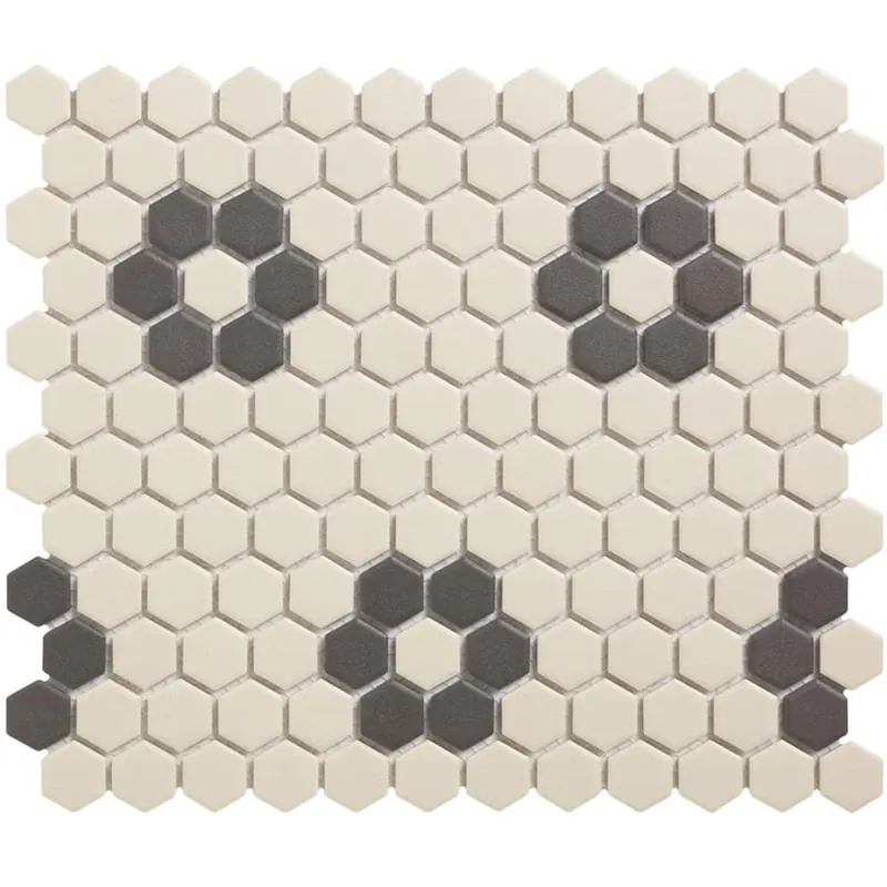 The Mosaic Factory London Mozaiek Tegel Hexagon - Wit/Zwart Porselein Ongeglazuurd, 4 black flowers 260x300 mm Tijdelijk Beschikbaar