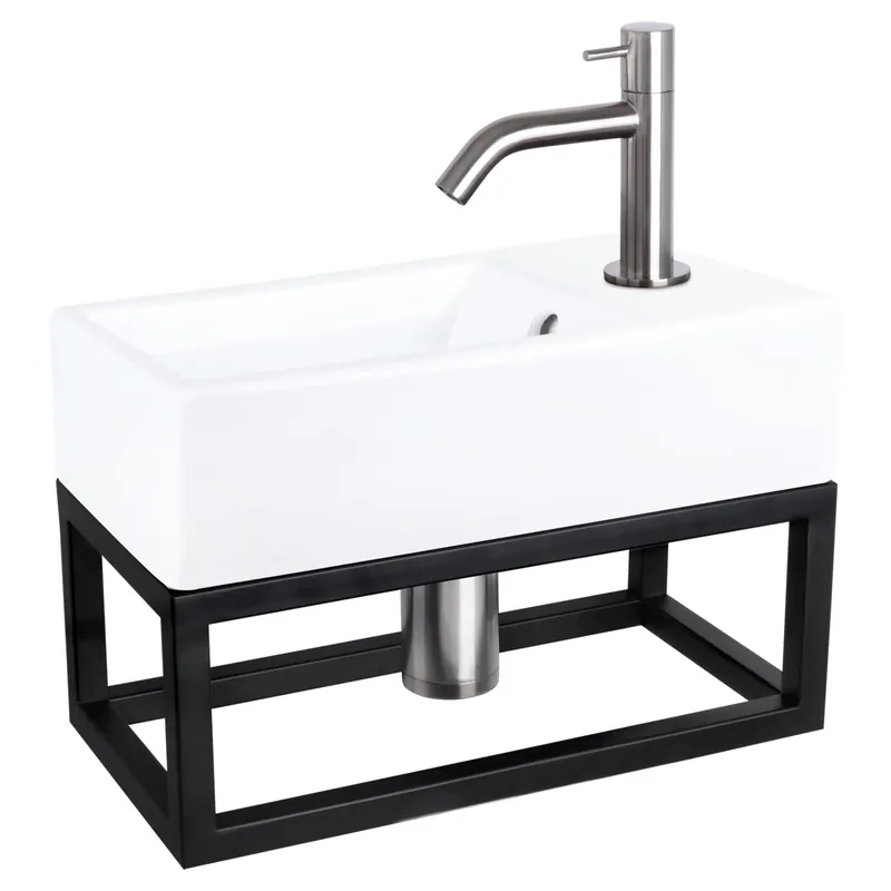 Koopje Differnz Force fonteinset keramiek - kraan gebogen - met handdoekrek - 40 x 22 x 11.5 cm - mat chroom