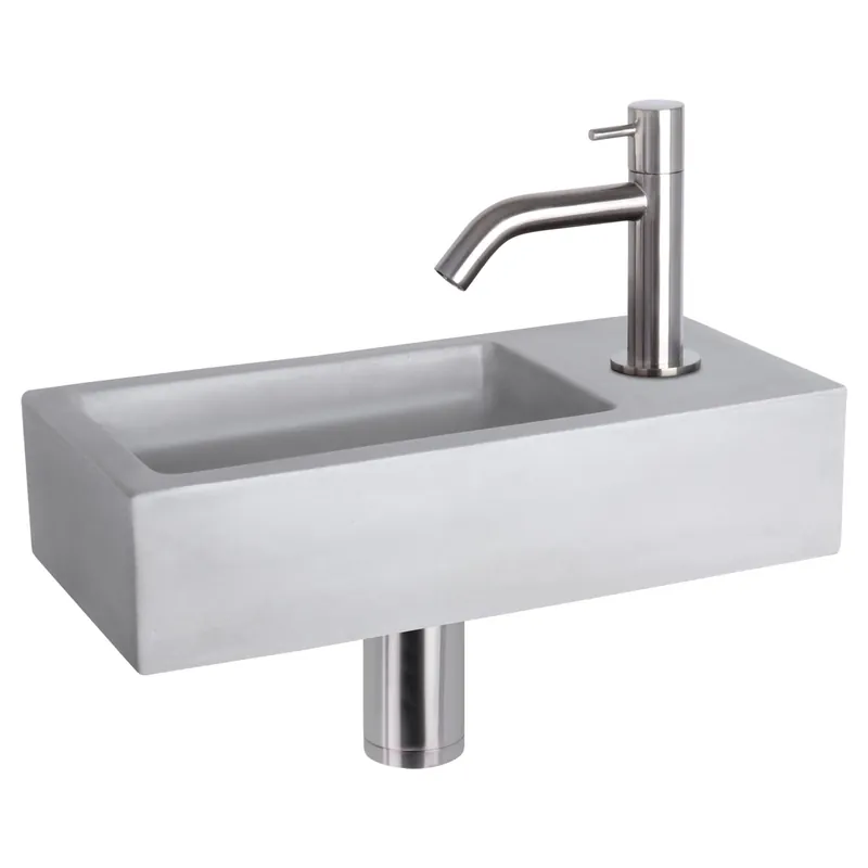 Fabrieksprijs Differnz Ravo fonteinset beton lichtgrijs - kraan gebogen - 38.5 x 18.5 x 9 cm - mat chroom