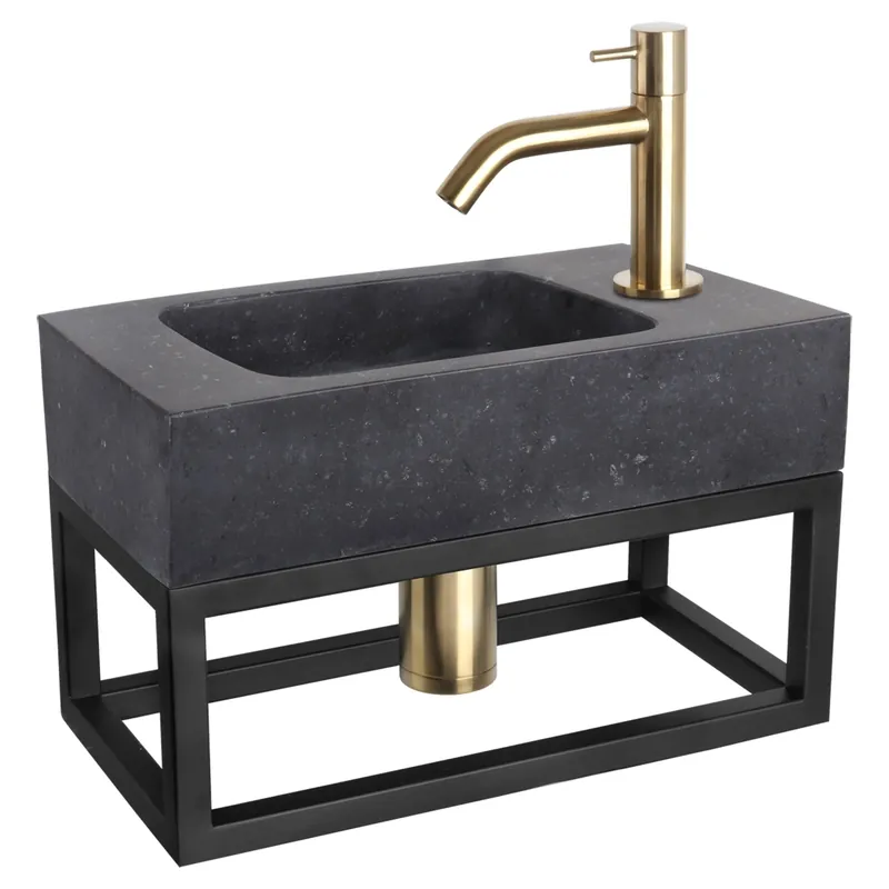 Differnz fonteinset bombai black - natuursteen - kraan gebogen - met handdoekrek - 40 x 22 x 9 cm - mat goud Populair