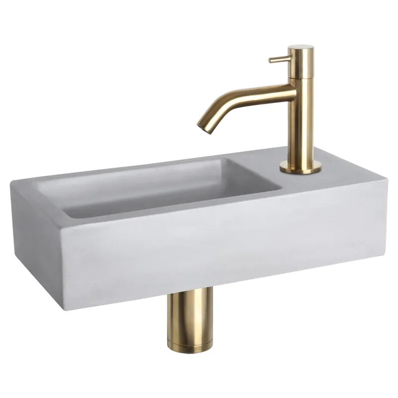 Differnz Ravo fonteinset beton lichtgrijs - kraan gebogen - 38.5 x 18.5 x 9 cm - mat goud Fabrieksprijs