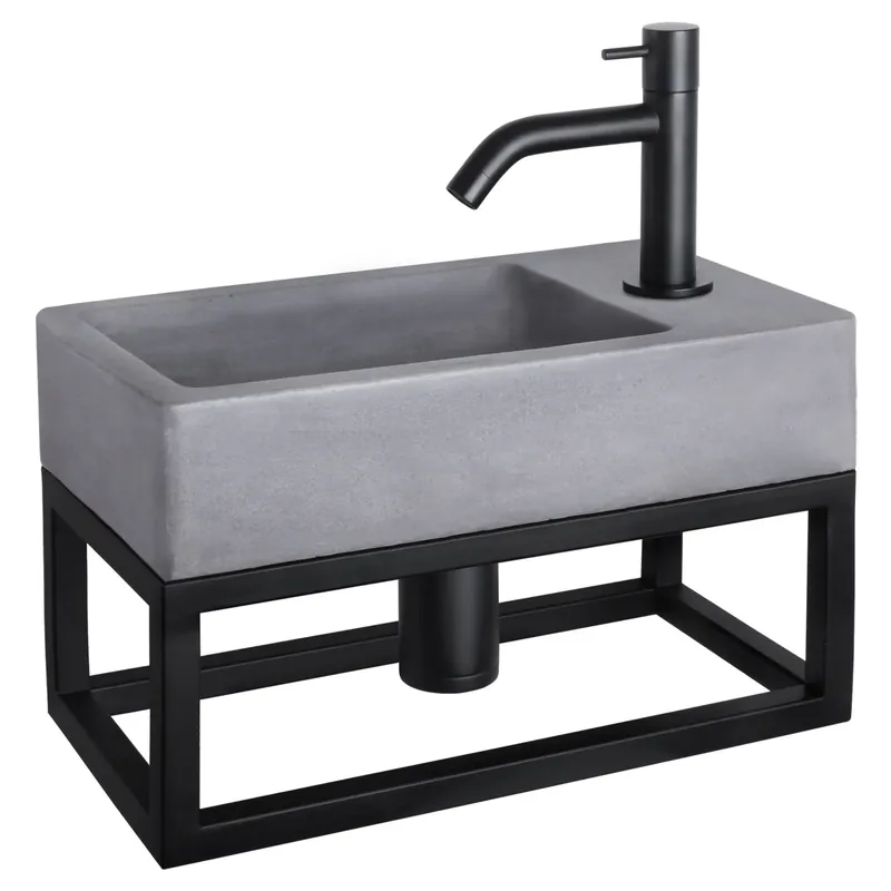 Premium Differnz Force fonteinset beton donkergrijs - kraan gebogen - met handdoekrek - 40 x 22 x 9 cm - mat zwart