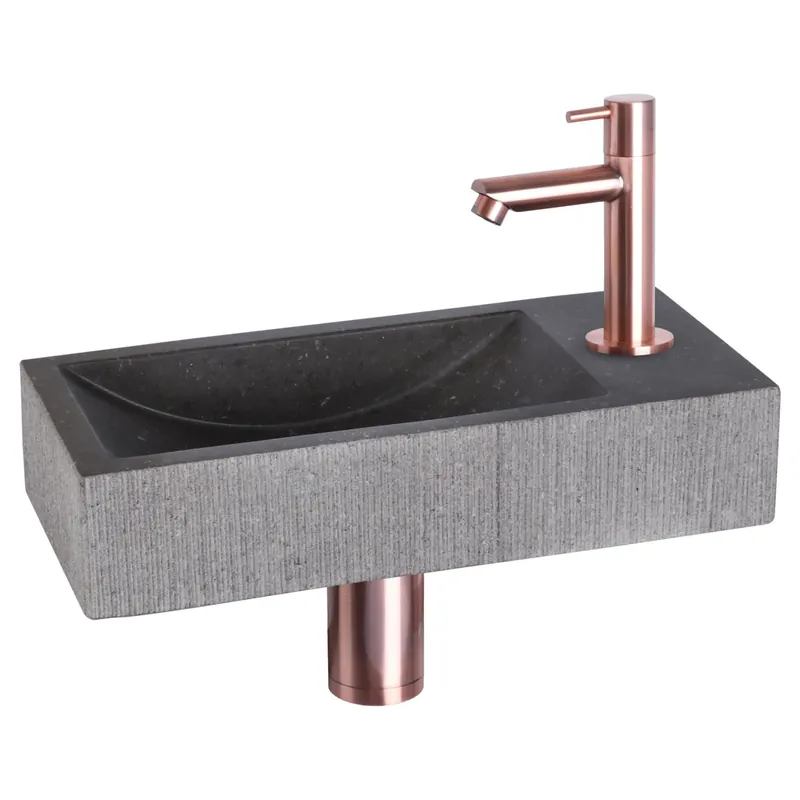Differnz Ribble fonteinset bombai black - natuursteen - kraan recht - 38 x 18 x 8 cm - rood koper Op = Op