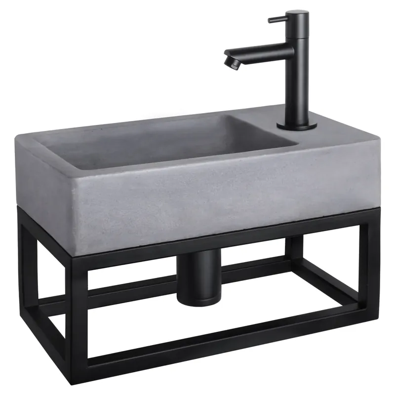 Differnz Force fonteinset beton donkergrijs - kraan recht - met handdoekrek - 40 x 22 x 9 cm - mat zwart Exclusieve Aanbieding