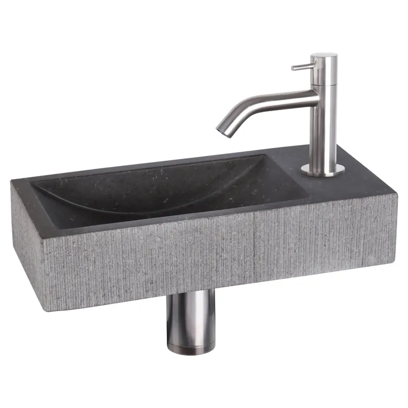 Aanbieding Differnz Ribble fonteinset bombai black - natuursteen - kraan gebogen - 38 x 18 x 8 cm - mat chroom