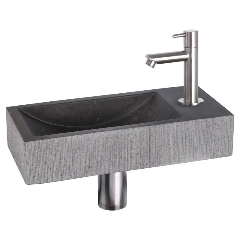 Hoge Kwaliteit Differnz Ribble fonteinset bombai black - natuursteen - kraan recht - 38 x 18 x 8 cm - mat chroom