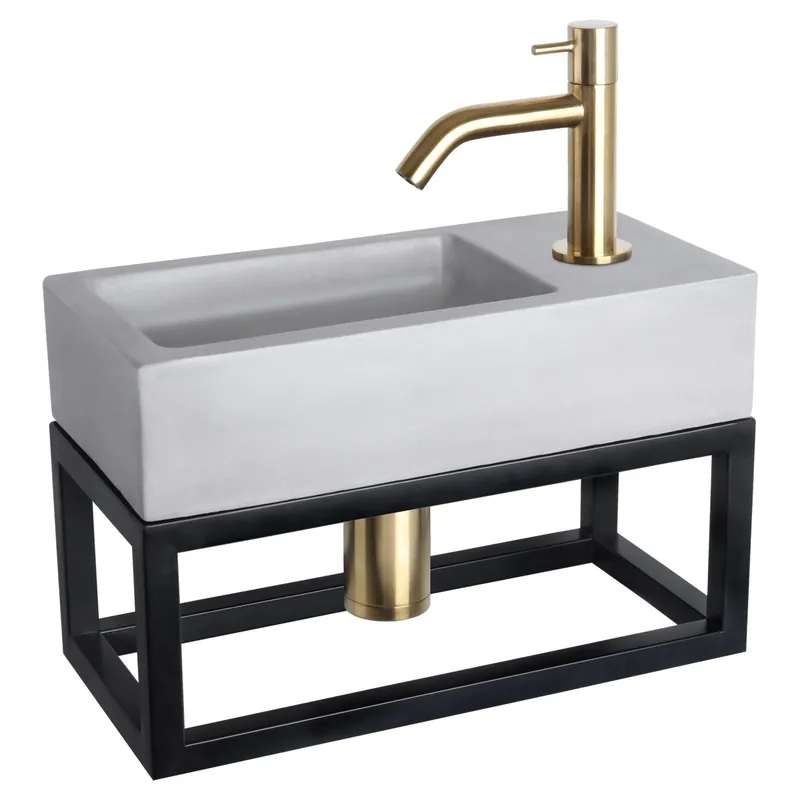 Differnz Ravo fonteinset beton lichtgrijs - kraan gebogen - met handdoekrek - 38.5 x 18.5 x 9 cm - mat goud Express Levering