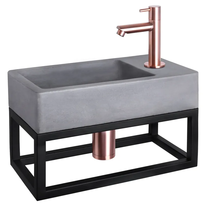 Differnz Force fonteinset beton donkergrijs - kraan recht - met handdoekrek - 40 x 22 x 9 cm - rood koper Op = Op