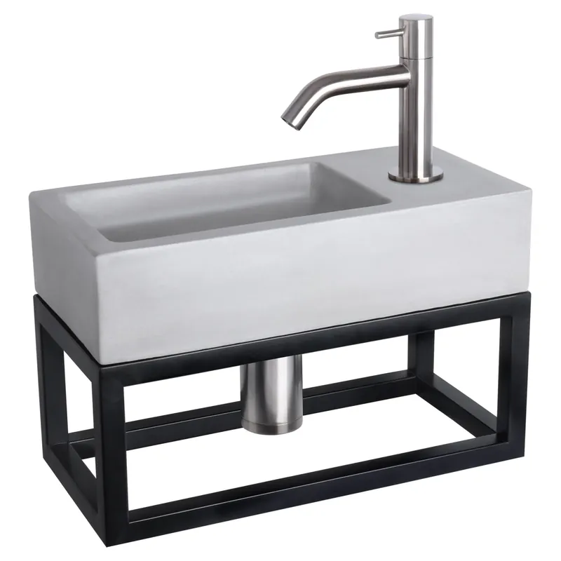 Differnz Ravo fonteinset beton lichtgrijs - kraan gebogen - met handdoekrek - 38.5 x 18.5 x 9 cm - mat chroom Finale Uitverkoop