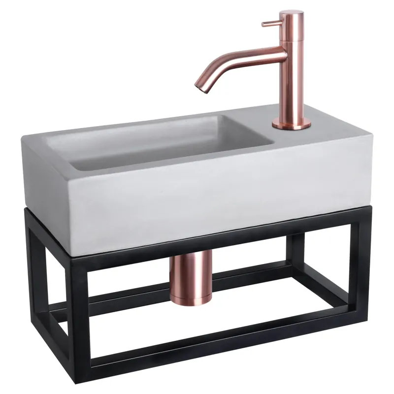 Must-Have Differnz Ravo fonteinset beton lichtgrijs - kraan gebogen - met handdoekrek - 38.5 x 18.5 x 9 cm - rood koper