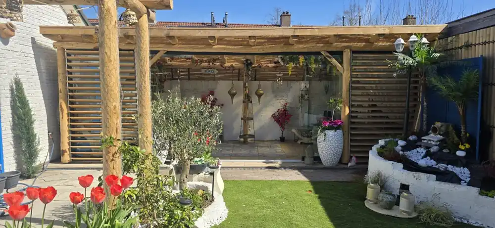 Douglas ronde palen veranda Huizen 750x360cm Voordeelprijs