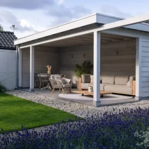 Snelle Levering Douglas veranda Elspeet tegen een bestaande gevel 675/631.2×300/377.2cm in kleur aangeleverd