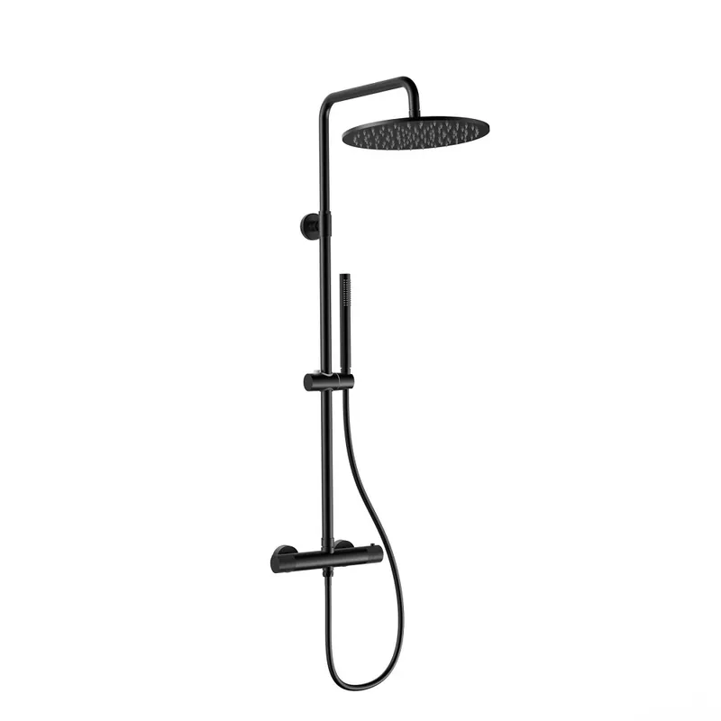 Snelle Levering STRIA Vrijstaande Thermostatische Badkraan met Handdouche – Ribbelstructuur Knoppen – Mat Zwart (PVD)