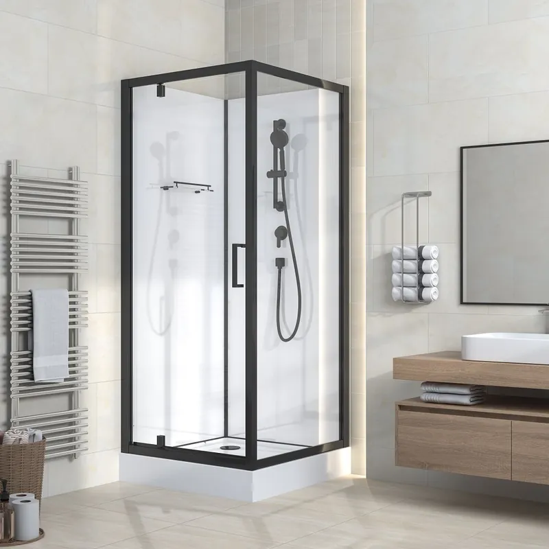Voordeelprijs COMPLETE DOUCHECABINE MET SCHUIFDEUR – 90X120X225 CM – OMKEERBAAR – MAT ZWARTE PROFIELEN – GRIJS ROOKGLAS