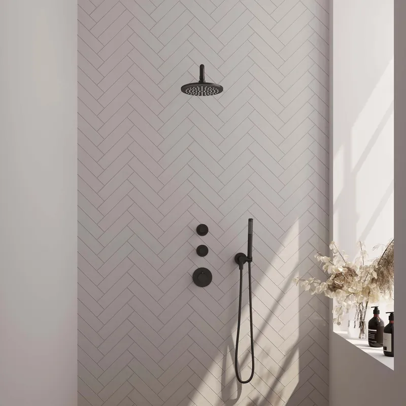 Lage Kosten Brauer Black Carving Regendoucheset: Thermostatische Inbouwkraan met Stopkranen, Gebogen Wandarm, Douchekop 20cm, Wandhouder met Wateruitlaat, Staafhanddouche & Doucheslang - Set 3 - Geribbeld Draaiknoppen - Mat Zwart