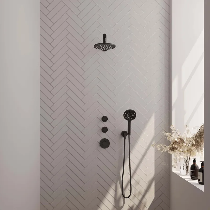 Lage Kosten Brauer Black Carving Regendoucheset: Thermostatische Inbouwkraan met Stopkranen, Rechte Wandarm, Douchekop 20cm, Wandhouder met Wateruitlaat, 3-Standen Handdouche & Doucheslang - Set 7 - Geribbeld Draaiknoppen - Mat Zwart