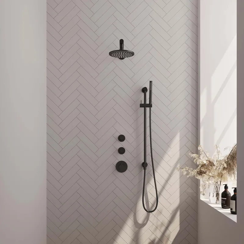 Brauer Black Carving Regendoucheset: Thermostatische Inbouwkraan met Stopkranen, Rechte Wandarm, Douchekop 20cm, Glijstang met Wateruitlaat, Staafhanddouche & Doucheslang - Set 13 - Geribbeld Draaiknoppen - Mat Zwart Finale Uitverkoop