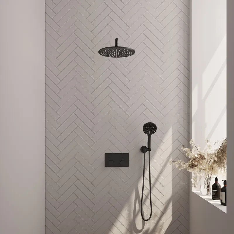 Brauer Black Carving Regendoucheset: Thermostatische Inbouwkraan met Drukknoppen, Gebogen Wandarm, Douchekop 30cm, Wandhouder met Wateruitlaat, 3-Standen Handdouche & Doucheslang - Set 58 - Geribbeld Draaiknoppen - Mat Zwart Gratis Retour