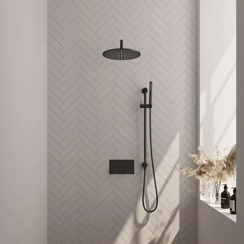 Brauer Black Carving Regendoucheset: Thermostatische Inbouwkraan met Drukknoppen, Gebogen Wandarm, Douchekop 30cm, Glijstang met Wateruitlaat, Staafhanddouche & Doucheslang - Set 64 - Geribbeld Draaiknoppen - Mat Zwart Koop Online