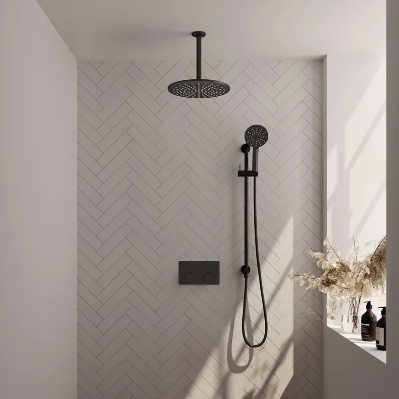 Brauer Black Carving Regendoucheset: Thermostatische Inbouwkraan met Drukknoppen, Plafondarm, Douchekop 30cm, Glijstang met Wateruitlaat, 3-Standen Handdouche & Doucheslang - Set 72 - Geribbeld Draaiknoppen - Mat Zwart Gecertificeerd