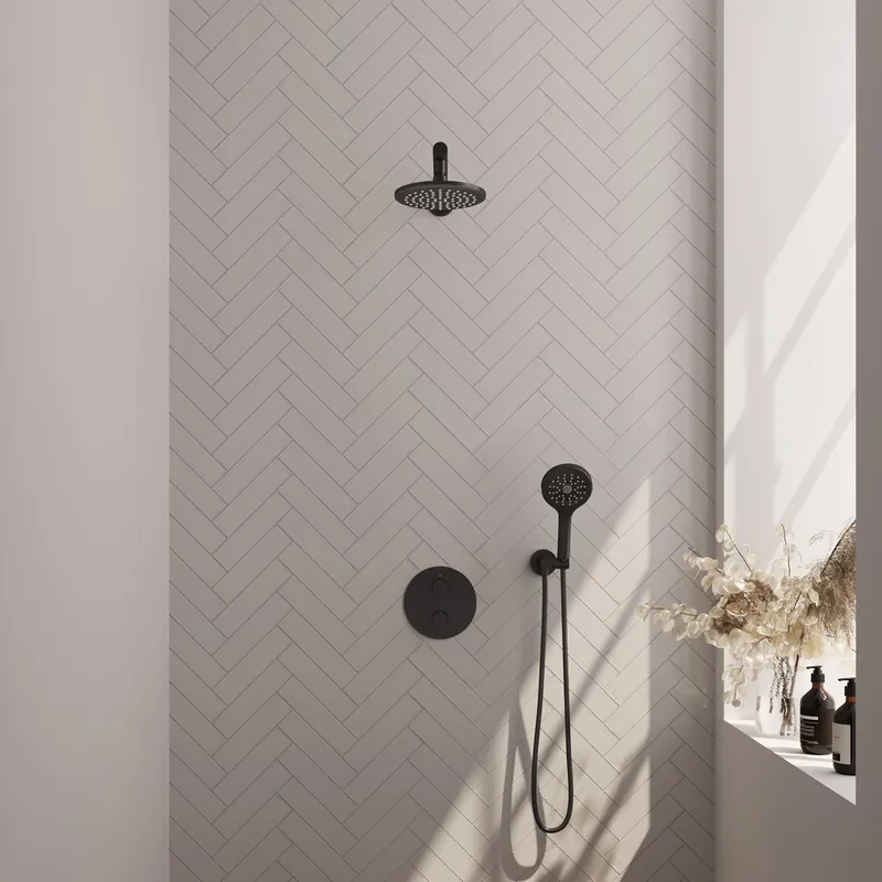 Brauer Black Carving Regendoucheset: Thermostatische Inbouwkraan met 3-Weg Omstel, Rechte Wandarm, Douchekop 20cm, Wandaansluitbocht, 3-Standen Handdouche & Doucheslang - Set 79 - Draaiknoppen - Mat Zwart Seizoensaanbieding