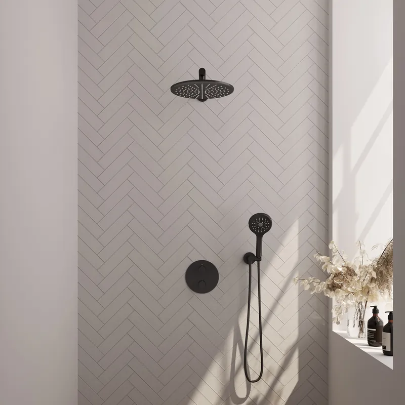 Brauer Black Carving Regendoucheset: Thermostatische Inbouwkraan met 3-Weg Omstel, Rechte Wandarm, Douchekop 30cm, Wandaansluitbocht, 3-Standen Handdouche & Doucheslang - Set 80 - Draaiknoppen - Mat Zwart Finale Uitverkoop