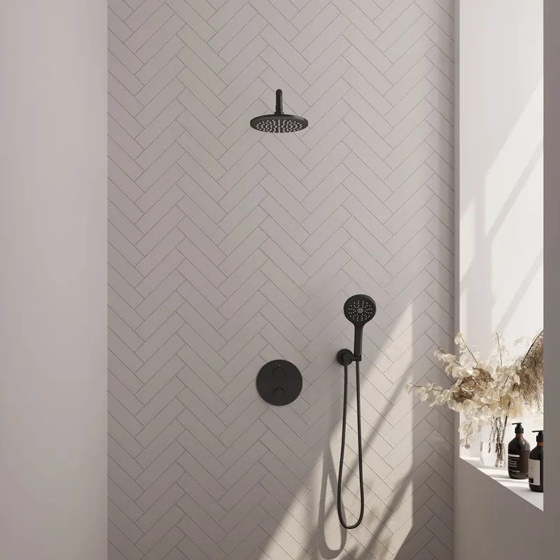 Gecertificeerd Brauer Black Carving Regendoucheset: Thermostatische Inbouwkraan met 3-Weg Omstel, Gebogen Wandarm, Douchekop 20cm, Wandaansluitbocht, 3-Standen Handdouche & Doucheslang - Set 81 - Draaiknoppen - Mat Zwart