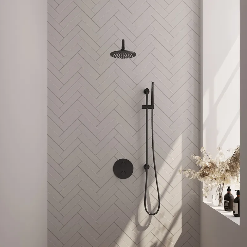 Brauer Black Carving Regendoucheset: Thermostatische Inbouwkraan met 3-Weg Omstel, Gebogen Wandarm, Douchekop 20cm, Geintegreerde Glijstang, Staafhanddouche & Doucheslang - Set 87 - Draaiknoppen - Mat Zwart Betrouwbaar