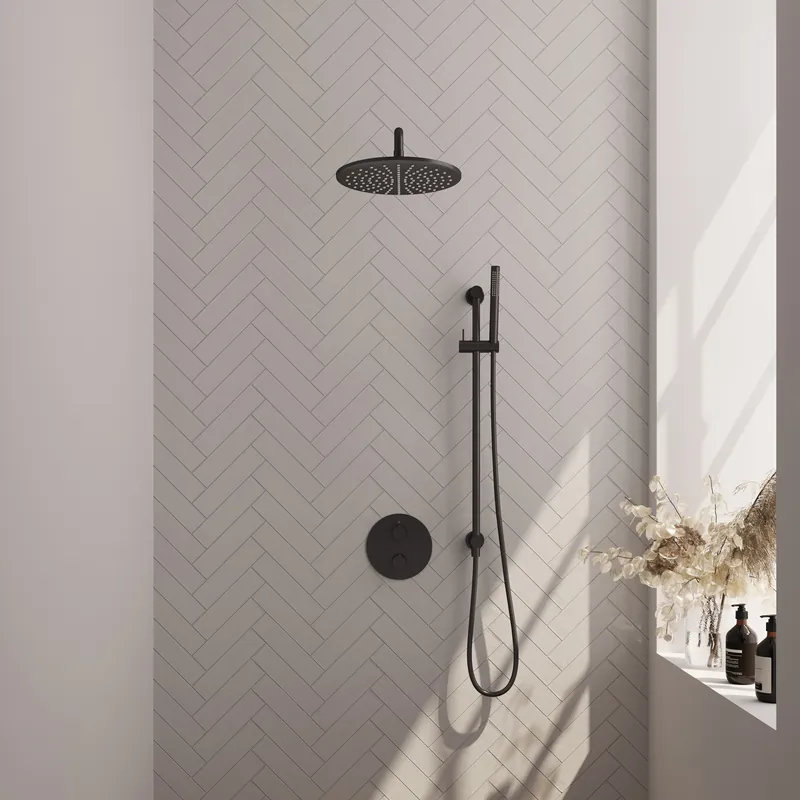 Shop Nu Brauer Black Carving Regendoucheset: Thermostatische Inbouwkraan met 3-Weg Omstel, Gebogen Wandarm, Douchekop 30cm, Geintegreerde Glijstang, Staafhanddouche & Doucheslang - Set 88 - Draaiknoppen - Mat Zwart