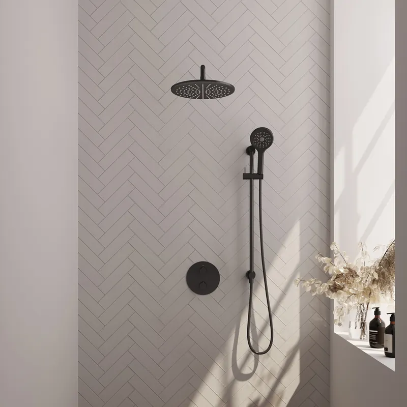 Brauer Black Carving Regendoucheset: Thermostatische Inbouwkraan met 3-Weg Omstel, Gebogen Wandarm, Douchekop 30cm, Geintegreerde Glijstang, 3-Standen Handdouche & Doucheslang - Set 94 - Draaiknoppen - Mat Zwart Premium