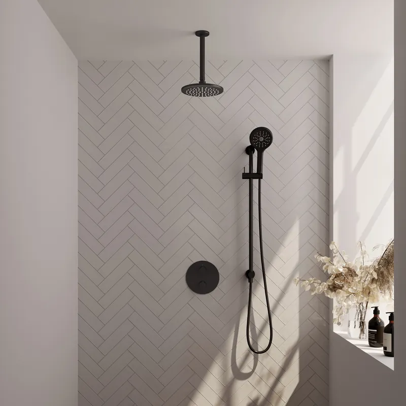 Weekendaanbieding Brauer Black Carving Regendoucheset: Thermostatische Inbouwkraan met 3-Weg Omstel, Plafondarm, Douchekop 20cm, Geintegreerde Glijstang, 3-Standen Handdouche & Doucheslang - Set 95 - Draaiknoppen - Mat Zwart