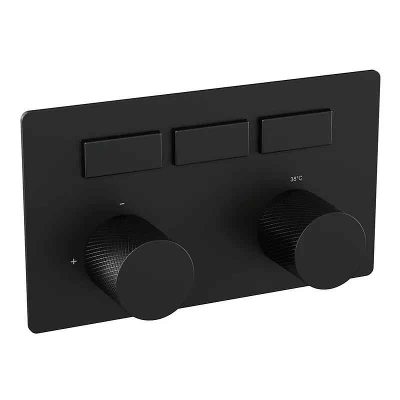 Direct Verzonden Brauer Black Carving Thermostatisch Inbouwkraan met 3-Weg Omstel - 3 Drukknoppen & 2 Geribbeld Draaiknoppen - Mat Zwart