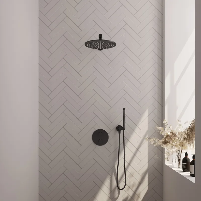 Brauer Black Edition Regendoucheset: Thermostatische Inbouwkraan met 3-Weg Omstel, Rechte Wandarm, Douchekop 30cm, Wandaansluitbocht, Staafhanddouche & Doucheslang - Set 74 - Draaiknoppen - Mat Zwart Gecertificeerd