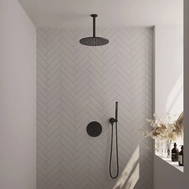 Op = Op Brauer Black Edition Regendoucheset: Thermostatische Inbouwkraan met 3-Weg Omstel, Plafondarm, Douchekop 30cm, Wandaansluitbocht, Staafhanddouche & Doucheslang - Set 78 - Draaiknoppen - Mat Zwart
