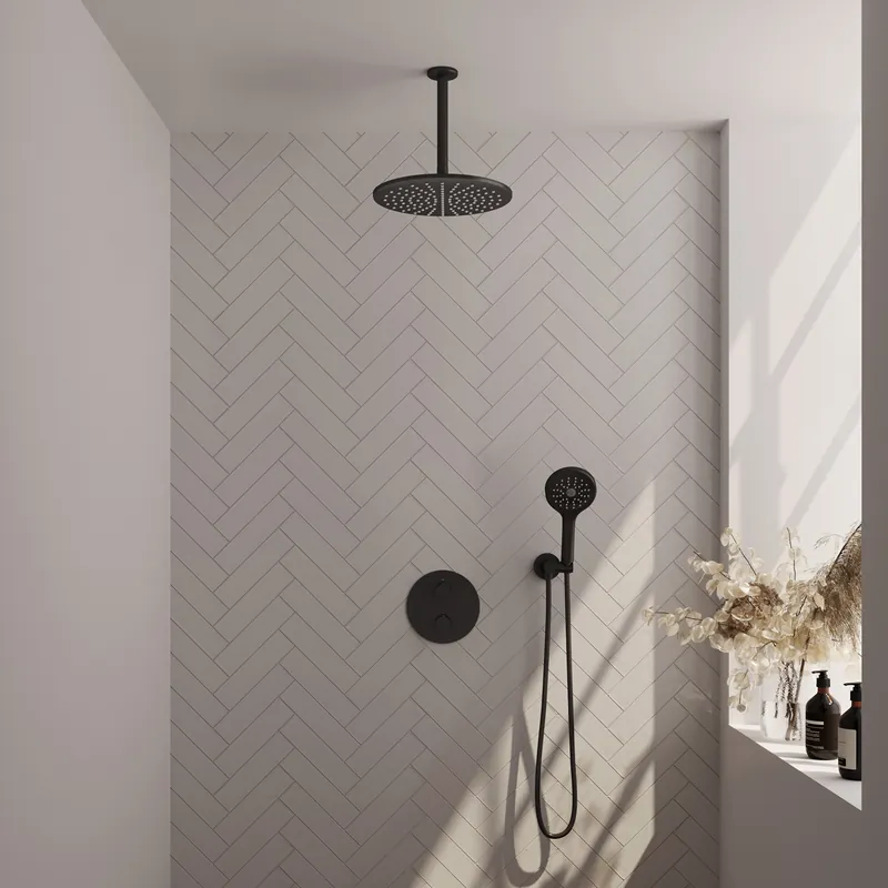Brauer Black Edition Regendoucheset: Thermostatische Inbouwkraan met 3-Weg Omstel, Plafondarm, Douchekop 30cm, Wandaansluitbocht, 3-Standen Handdouche & Doucheslang - Set 84 - Draaiknoppen - Mat Zwart Bestel Nu