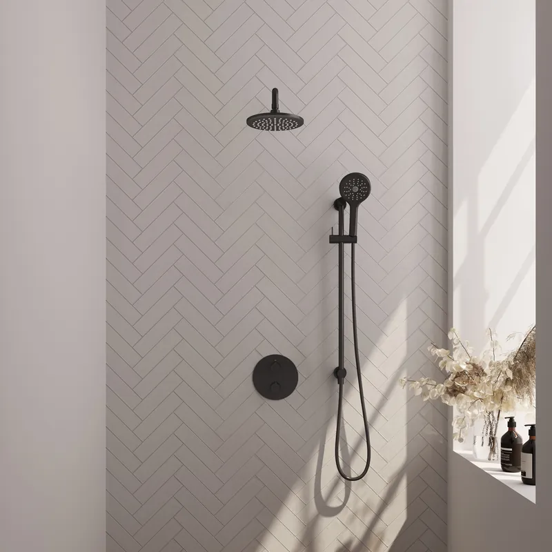 Finale Uitverkoop Brauer Black Edition Regendoucheset: Thermostatische Inbouwkraan met 3-Weg Omstel, Gebogen Wandarm, Douchekop 20cm, Geintegreerde Glijstang, 3-Standen Handdouche & Doucheslang - Set 93 - Draaiknoppen - Mat Zwart