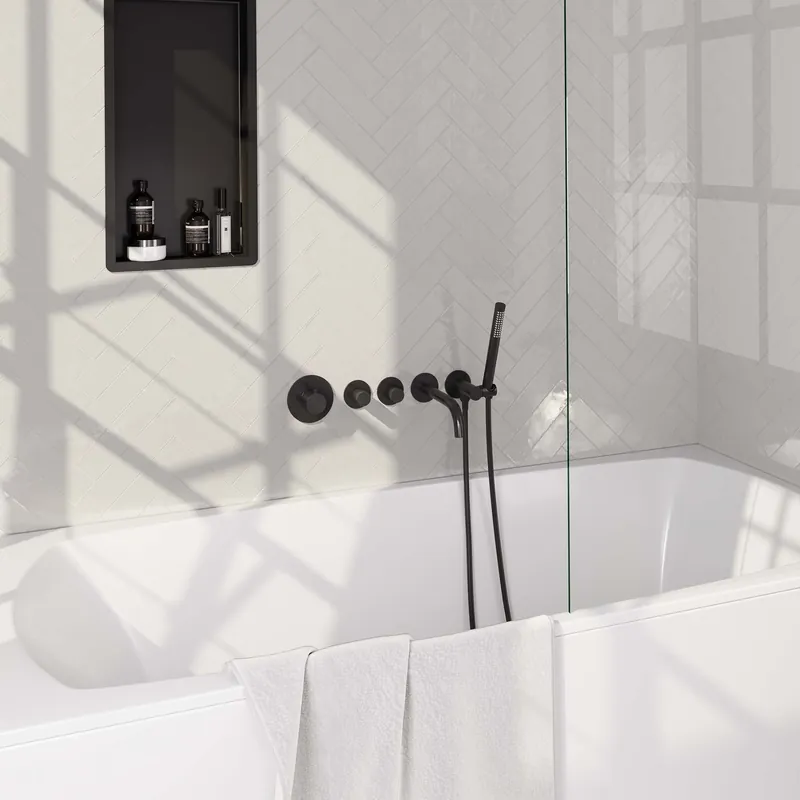 Gratis Retour Brauer Black Edition Thermostatische Inbouw Badkraan met Omstel, Uitloop, Stopkranen, Wandhouder met Wateruitlaat, Staafhanddouche & Doucheslang - Set 1 - Draaiknoppen - Mat Zwart