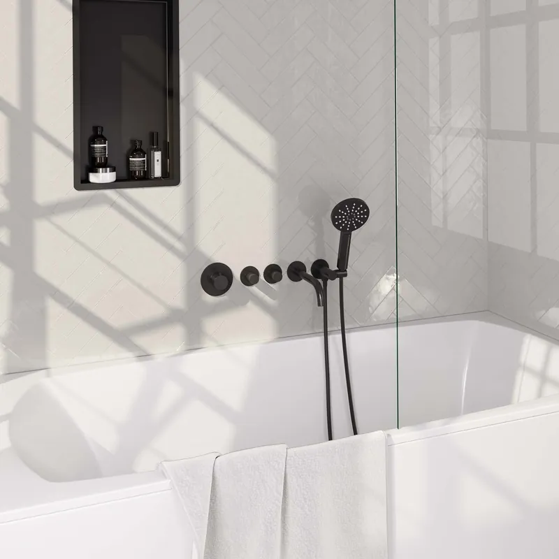 Brauer Black Edition Thermostatische Inbouw Badkraan met Omstel, Uitloop, Stopkranen, Wandhouder met Wateruitlaat, 3-Standen Handdouche & Doucheslang - Set 2 - Draaiknoppen - Mat Zwart Laatste Versie