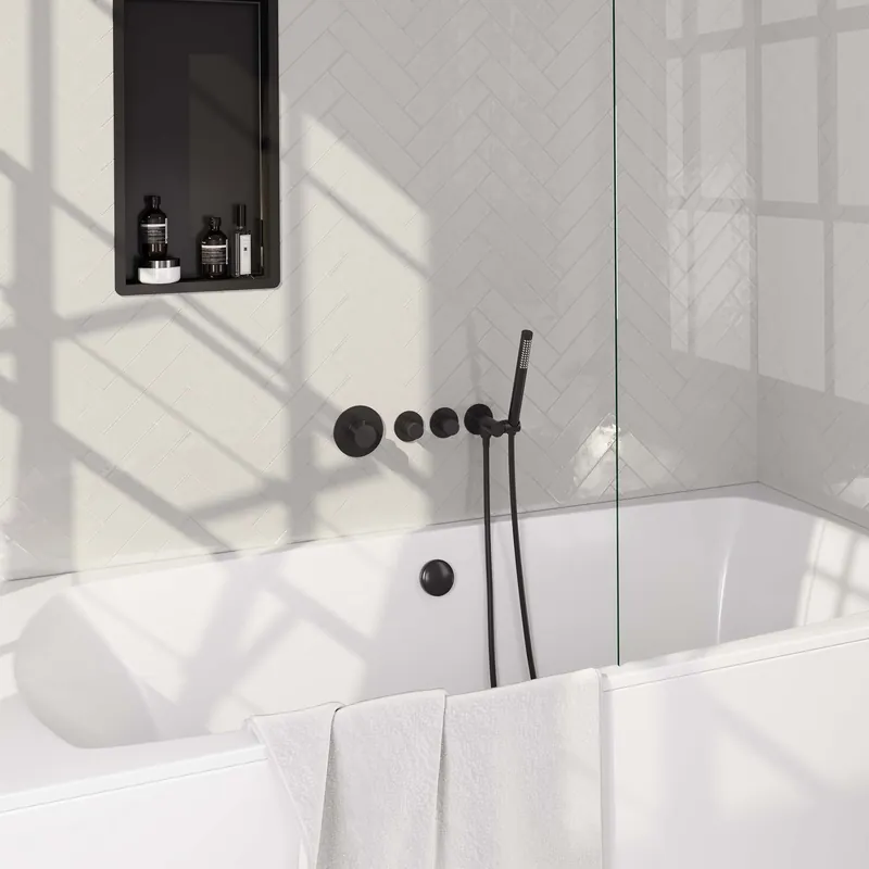 Hete Deal Brauer Black Edition Thermostatische Inbouw Badkraan met Omstel, Badvulcombinatie, Stopkranen, Wandhouder met Wateruitlaat, Staafhanddouche & Doucheslang - Set 1 - Draaiknoppen - Mat Zwart