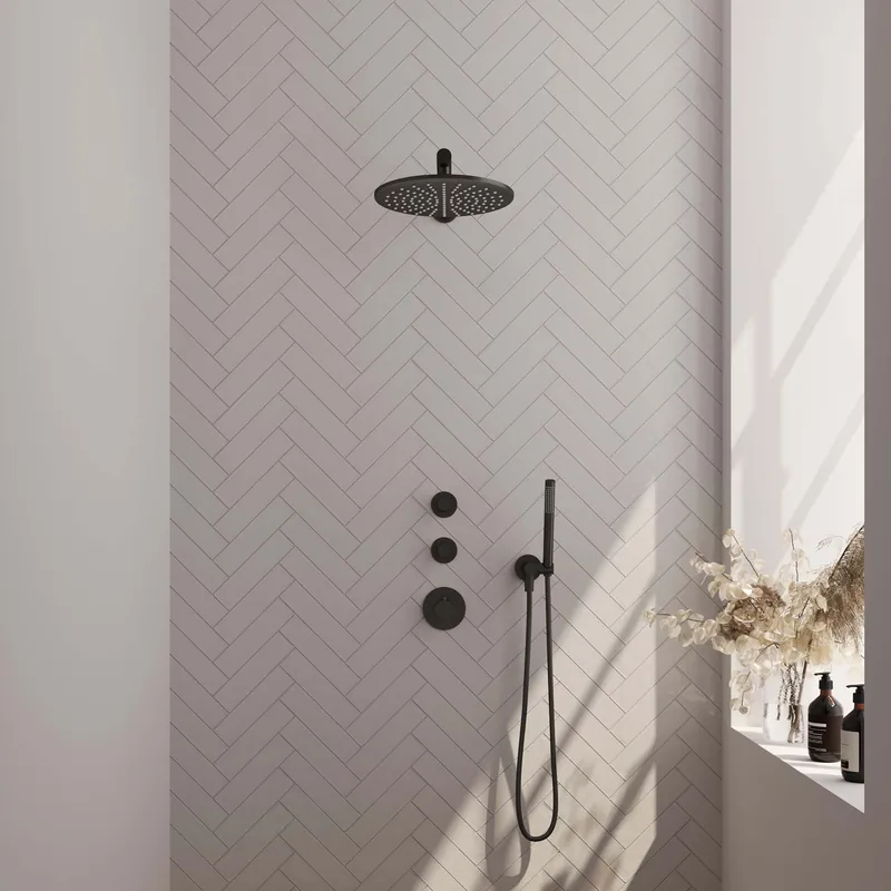 Brauer Black Editon Regendoucheset: Thermostatische Inbouwkraan met Stopkranen, Rechte Wandarm, Douchekop 30cm, Wandhouder met Wateruitlaat, Staafhanddouche & Doucheslang - Set 2 - Draaiknoppen - Mat Zwart Meest Verkocht