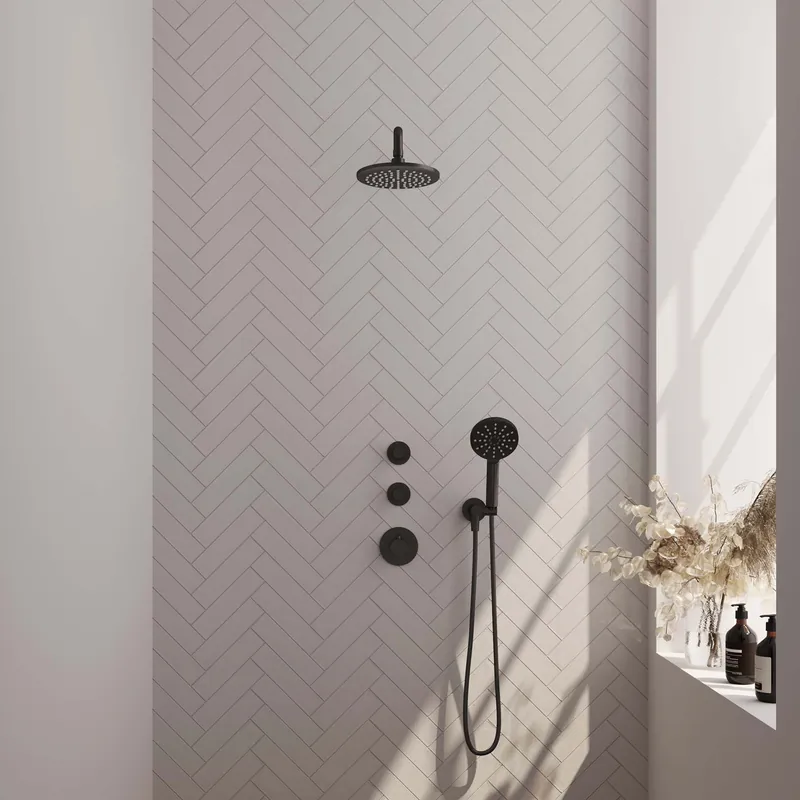 Brauer Black Editon Regendoucheset: Thermostatische Inbouwkraan met Stopkranen, Gebogen Wandarm, Douchekop 20cm, Wandhouder met Wateruitlaat, 3-Standen Handdouche & Doucheslang - Set 9 - Draaiknoppen - Mat Zwart Op = Op