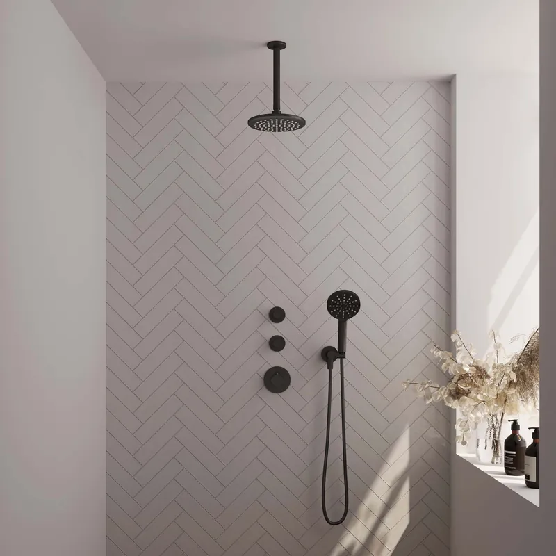 Brauer Black Editon Regendoucheset: Thermostatische Inbouwkraan met Stopkranen, Plafondarm, Douchekop 20cm, Wandhouder met Wateruitlaat, 3-Standen Handdouche & Doucheslang - Set 11 - Draaiknoppen - Mat Zwart Gecertificeerd