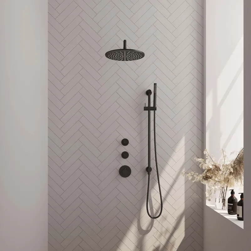 Betaalbaar Brauer Black Editon Regendoucheset: Thermostatische Inbouwkraan met Stopkranen, Gebogen Wandarm, Douchekop 30cm, Glijstang met Wateruitlaat, Staafhanddouche & Doucheslang - Set 16 - Draaiknoppen - Mat Zwart