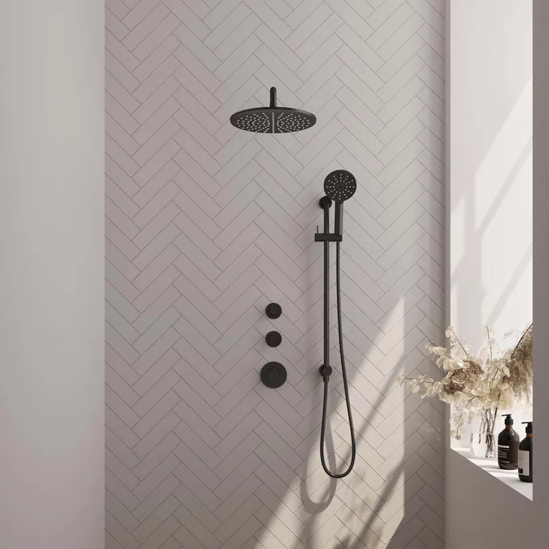 Brauer Black Editon Regendoucheset: Thermostatische Inbouwkraan met Stopkranen, Gebogen Wandarm, Douchekop 30cm, Glijstang met Wateruitlaat, 3-Standen Handdouche & Doucheslang - Set 22 - Draaiknoppen - Mat Zwart Betaalbaar