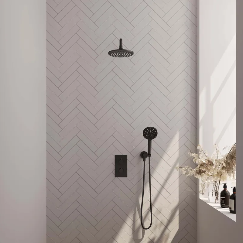 Brauer Black Editon Regendoucheset: Thermostatische Inbouwkraan met 3-Weg Omstel, Gebogen Wandarm, Douchekop 20cm, Wandhouder met Wateruitlaat, 3-Standen Handdouche & Doucheslang - Set 33 - Draaiknoppen - Mat Zwart Gecertificeerd