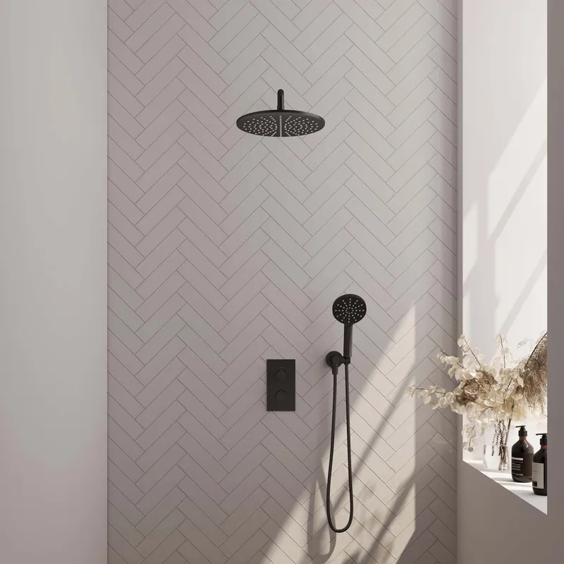 Brauer Black Editon Regendoucheset: Thermostatische Inbouwkraan met 3-Weg Omstel, Gebogen Wandarm, Douchekop 30cm, Wandhouder met Wateruitlaat, 3-Standen Handdouche & Doucheslang - Set 34 - Draaiknoppen - Mat Zwart Lage Prijs