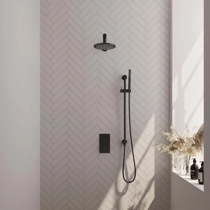 Shop Nu Brauer Black Editon Regendoucheset: Thermostatische Inbouwkraan met 3-Weg Omstel, Rechte Wandarm, Douchekop 20cm, Glijstang met Wateruitlaat, Staafhanddouche & Doucheslang - Set 37 - Draaiknoppen - Mat Zwart