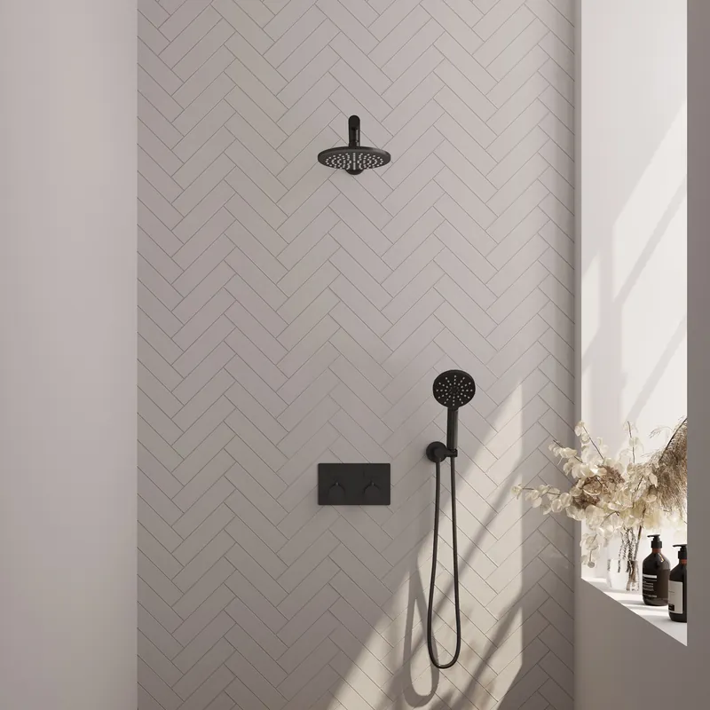 Brauer Black Editon Regendoucheset: Thermostatische Inbouwkraan met Drukknoppen, Rechte Wandarm, Douchekop 20cm, Wandhouder met Wateruitlaat, 3-Standen Handdouche & Doucheslang - Set 55 - Draaiknoppen - Mat Zwart Nu Kopen