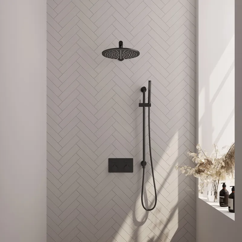 Brauer Black Editon Regendoucheset: Thermostatische Inbouwkraan met Drukknoppen, Rechte Wandarm, Douchekop 30cm, Glijstang met Wateruitlaat, Staafhanddouche & Doucheslang - Set 62 - Draaiknoppen - Mat Zwart Populair