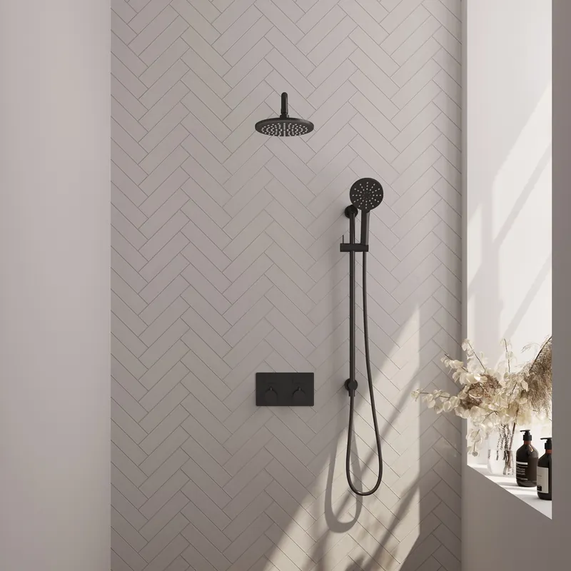 Koop Online Brauer Black Editon Regendoucheset: Thermostatische Inbouwkraan met Drukknoppen, Gebogen Wandarm, Douchekop 20cm, Glijstang met Wateruitlaat, 3-Standen Handdouche & Doucheslang - Set 69 - Draaiknoppen - Mat Zwart